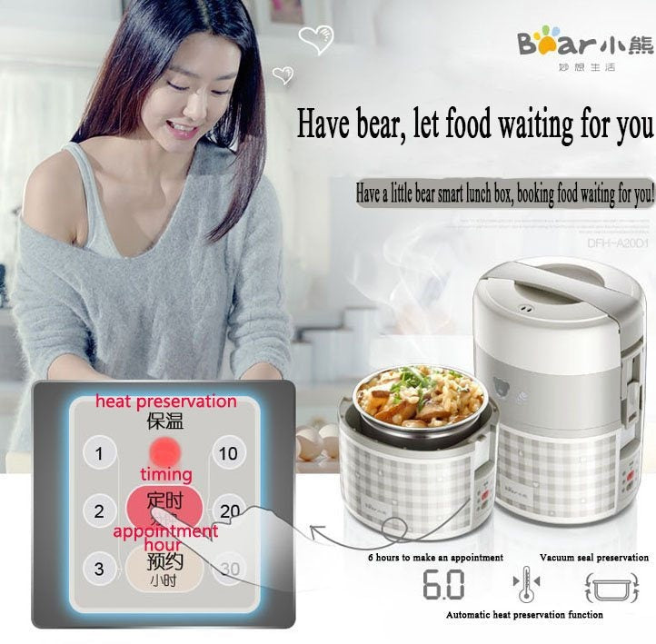 Bear DFH-A20D1 2L Electric Lunch Box/ Mini Rice Cooker/ 2-Layer with 3 Bowls/ Timer/ SG Plug/ English Manual/ 1 Year SG Warranty