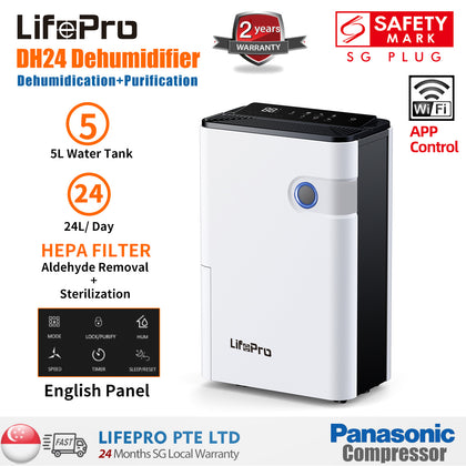 LifePro DH24 24L/Day Dehumidifier with Compressor/ 3-pin SG Plug/ English Panel/ 1-year SG Warranty